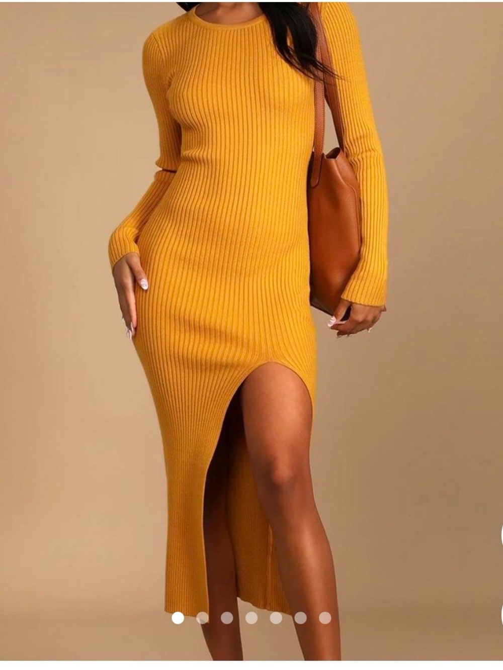 Lulu's Mustard Ribbed Long-Sleeve Midi Dress with Front Slit